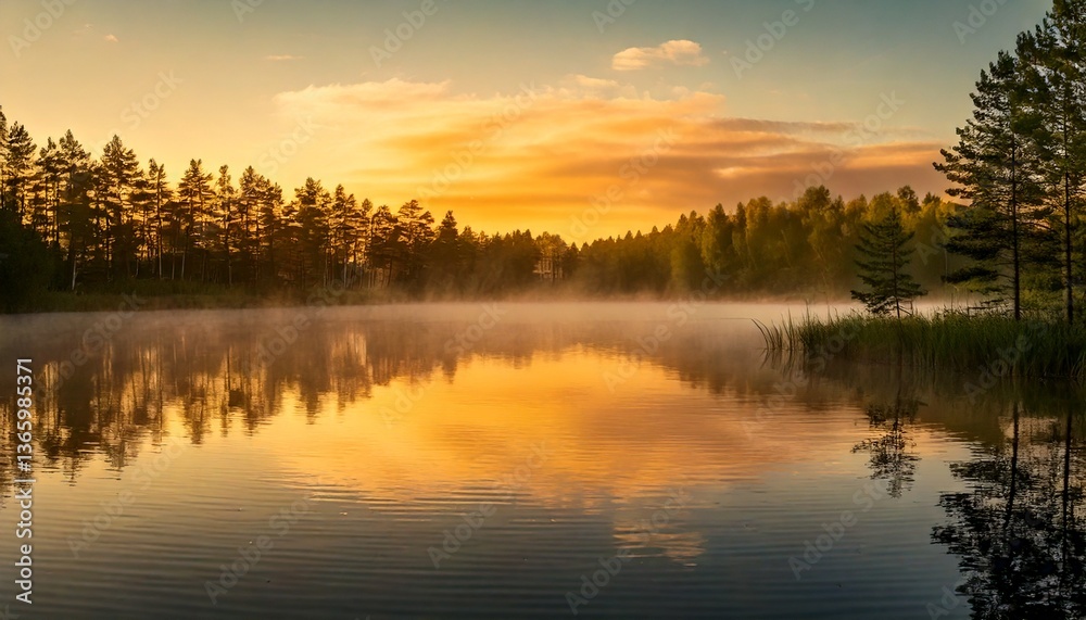 Fototapeta premium Golden Hour Mist Over a Mirror-Like Lake