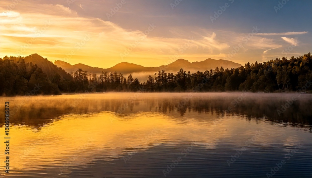Fototapeta premium Golden Hour Mist Over a Mirror-Like Lake