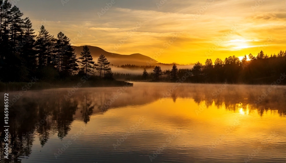 Fototapeta premium Golden Hour Mist Over a Mirror-Like Lake