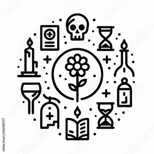 Symbolic elements representing life and death in a circular design  
