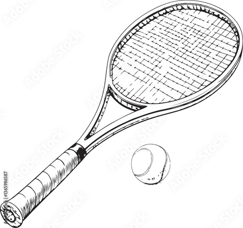 Tennis Racket and Ball Sport Black and White Vector Illustration, Sketch Drawing Line Linear Engraving, Hand-drawn Isolated