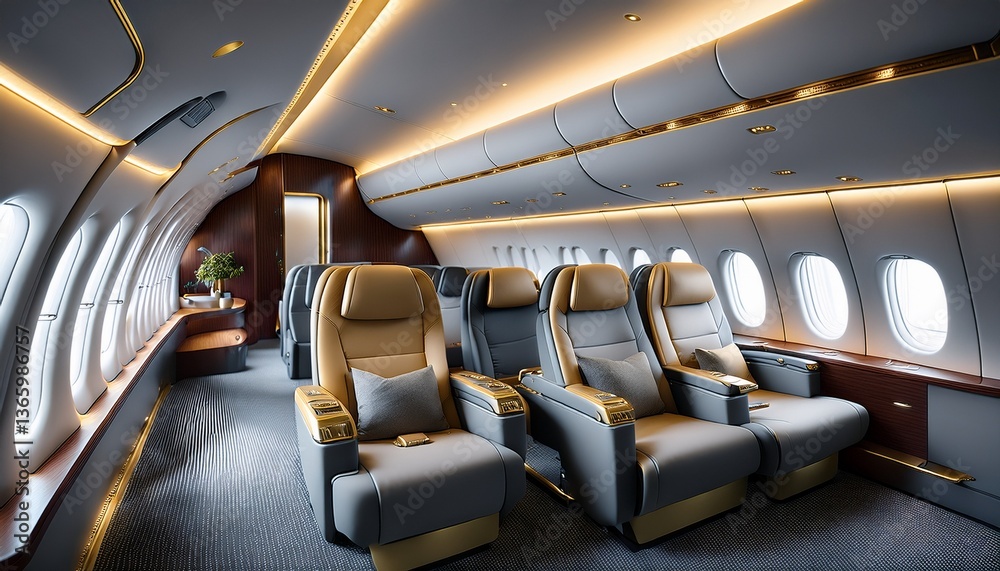 Fototapeta premium Modern design business class seat with grey fabric and gold metal accents