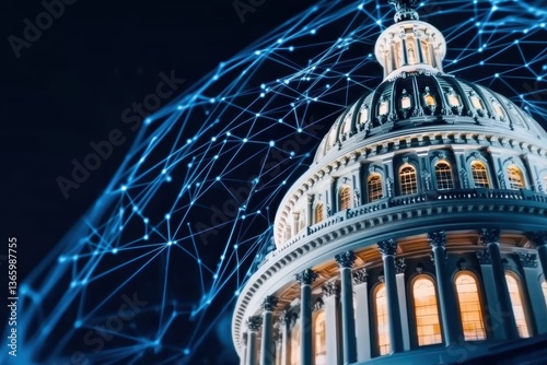 A stunning night view of a capitol dome, enhanced by a network of digital connections, symbolizing technology and governance.