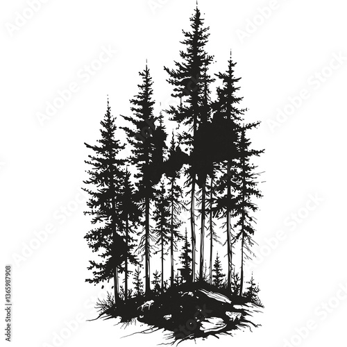 Black Silhouette of Pine Trees in a Forest Landscape