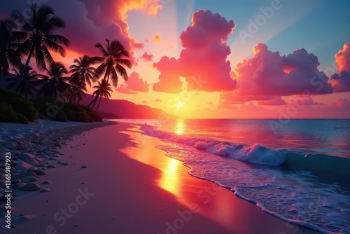 Vibrant sunset hues paint the sky above a palm-lined beach , dusk, nature, holiday