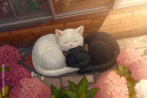 A white cat and a black cat peacefully sleeping together among colorful flowers in a serene garden setting
