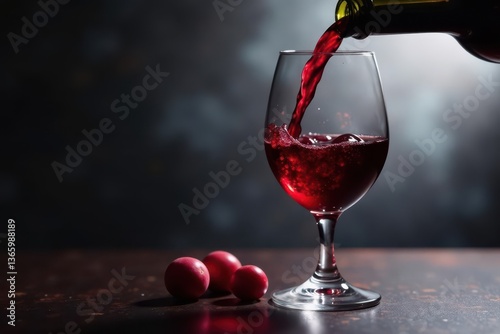 Crimson wine slowly pours, filling a crystal goblet , red liquid, burgundy