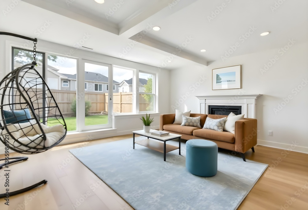 Living room with a brown leather sofa, a blue ottoman, and a hanging chair , with a light blue rug on a wooden floor, with a backyard view. Living room with a brown leather sofa, a blue ottoman, and a hanging chair , with a light blue rug on a wooden floor, with a backyard view.
