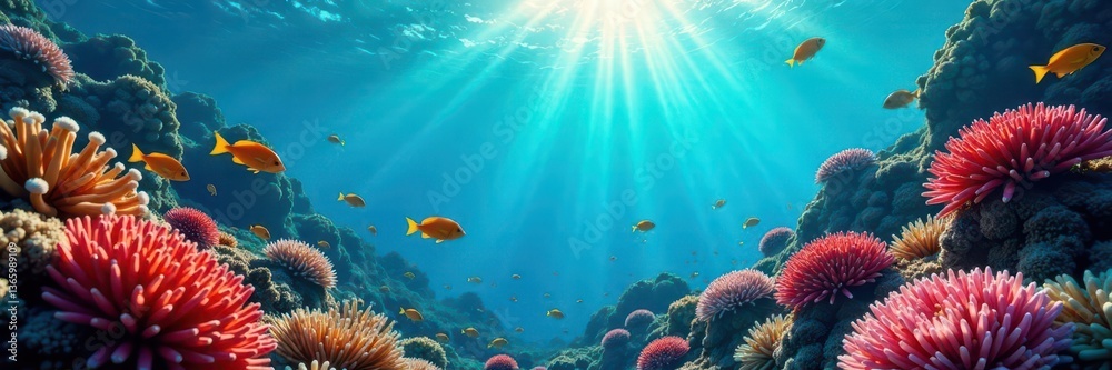 Naklejka premium Sun-drenched coral reef, teeming with colorful fish , crustacean, wildlife