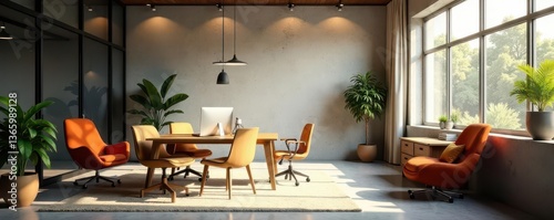 Sunlit coworking office, concrete walls, contemporary furniture , business, branding, sunlit