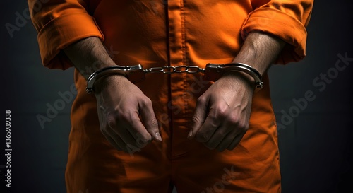 A person in an orange jumpsuit with handcuffs on their wrists against a dark gray background