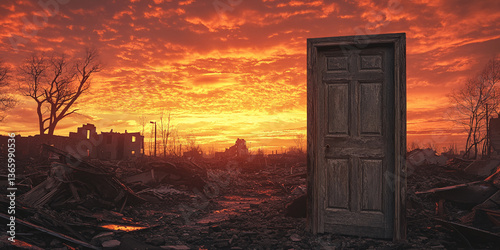 A weathered door stands ajar, revealing a fiery sunset over a landscape of devastation and rubble, symbolizing hope, new beginnings, or escape from destruction