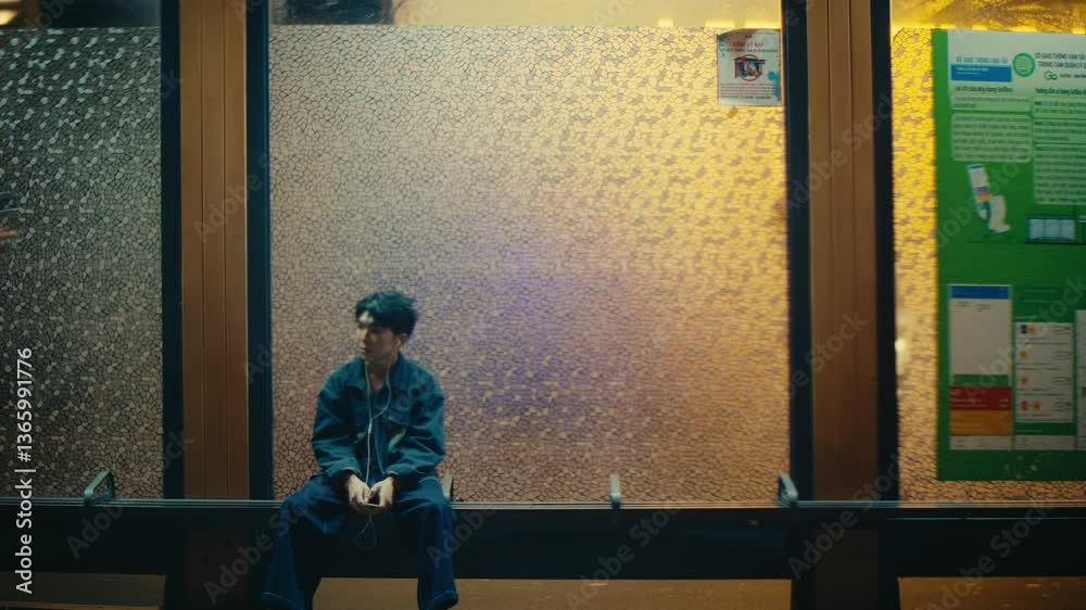 time lapse of lonely man sitting on bus stop station listening to music while people pedestrian walking in from of him , passing of time loneliness in the city , waiting concept
