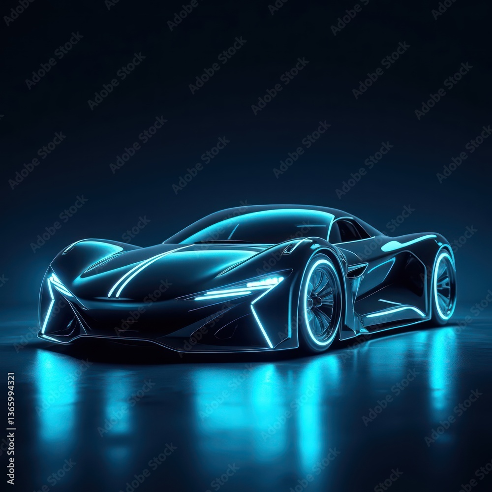 Futuristic blue sports car with neon lights glowing in a dark studio setting. Futuristic blue sports car with neon lights glowing in a dark studio setting.