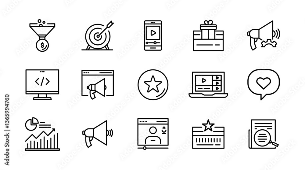 Fototapeta premium Sales and Marketing line icon set. SEO, promotion, sales dashboard, report, targeting, ad, sales funnel, and Sales strategy outline icon collection. UI thin outline icon pack