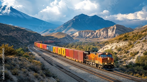 A freight train carrying containers, passing through a mountainous terrain during the daytime