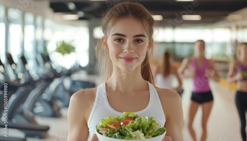 Woman holding salad bowl in gym fitness concept