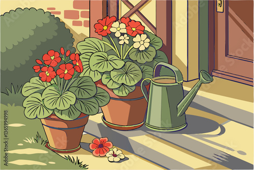 78 Colorful potted plants, Still life painting, Vibrant flowers, Terracotta pots, Watering can, Gardening tools, Lush greenery, Indoor plants, Warm lighting, Cool shadows, Textured canvas, Botanical i
