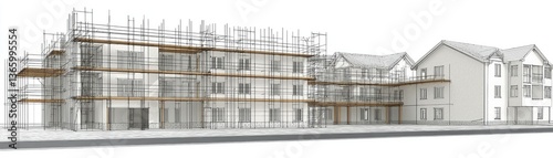 Multi-story building under construction, architectural blueprint, exterior view