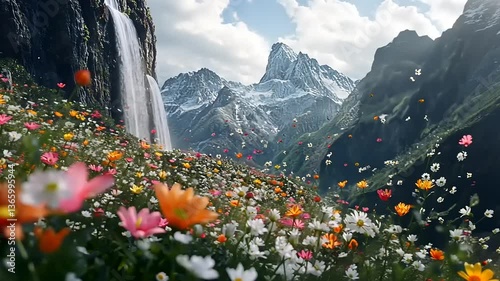 A vibrant, fantastical landscape featuring a waterfall, mountains, and a field of colorful flowers.