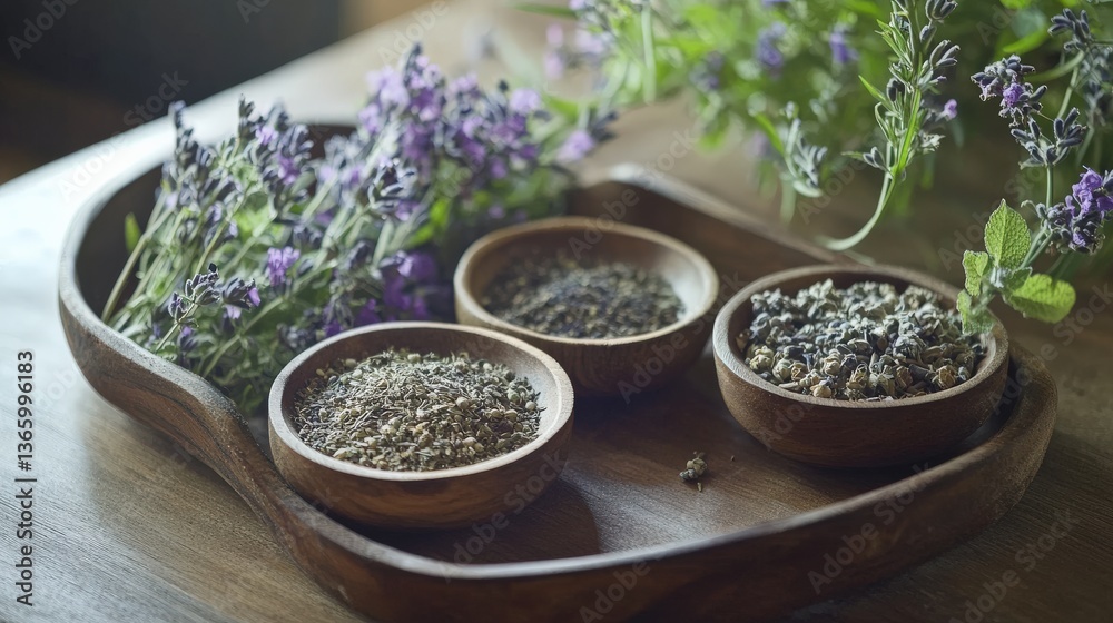 Freshly Harvested Herbs on Wooden Tray with Bowls of Dried Spices and Purple Lavender Blossoms for Cooking and Herbal Remedies in Natural Setting Freshly Harvested Herbs on Wooden Tray with Bowls of Dried Spices and Purple Lavender Blossoms for Cooking and Herbal Remedies in Natural Setting