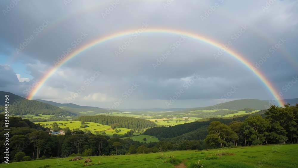 A breathtaking landscape featuring a vibrant rainbow arching over lush green hills and a tranquil valley under a dramatic sky. A breathtaking landscape featuring a vibrant rainbow arching over lush green hills and a tranquil valley under a dramatic sky.