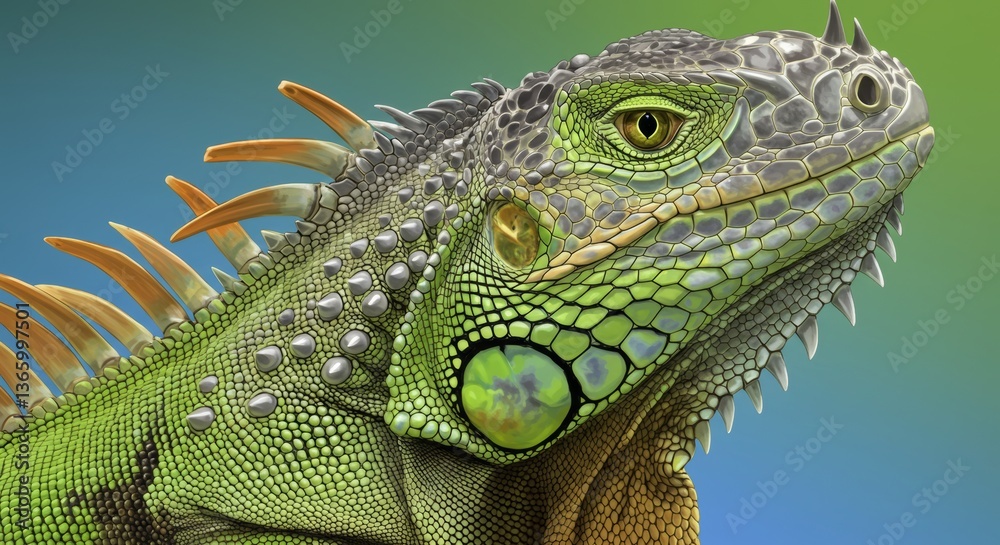 Obraz premium Striking Close-Up of a Green Iguana Head with Intricate Scale Details