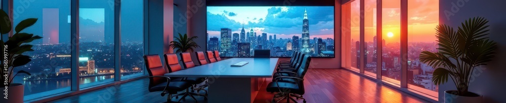 Obraz premium Sleek conference room, cityscape view, large screen, dark, projector