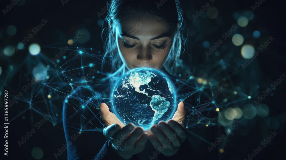 Naklejka premium Businesswoman interacts with a hologram representing the Earth while demonstrating advanced technology in a modern setting