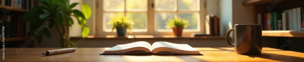 Sunlight streams into a quiet cafe workspace with books , research, workspace Sunlight streams into a quiet cafe workspace with books , research, workspace
