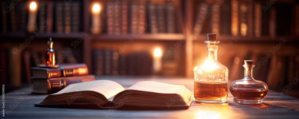 Wizard-inspired reading nook with potion bottles, antique books, and a dimly lit cozy atmosphere Wizard-inspired reading nook with potion bottles, antique books, and a dimly lit cozy atmosphere