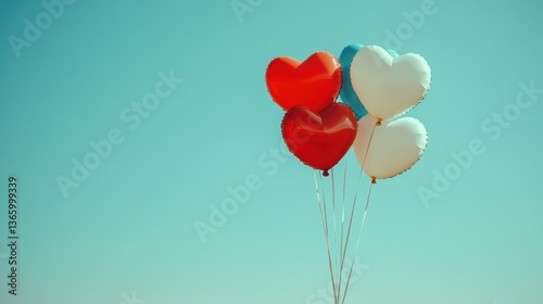 Heart Balloons Ascending: Romance and Celebration Against a Turquoise Sky Backdrop