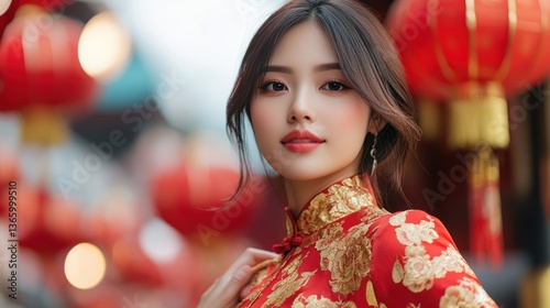 Woman in red dress celebrates tradition