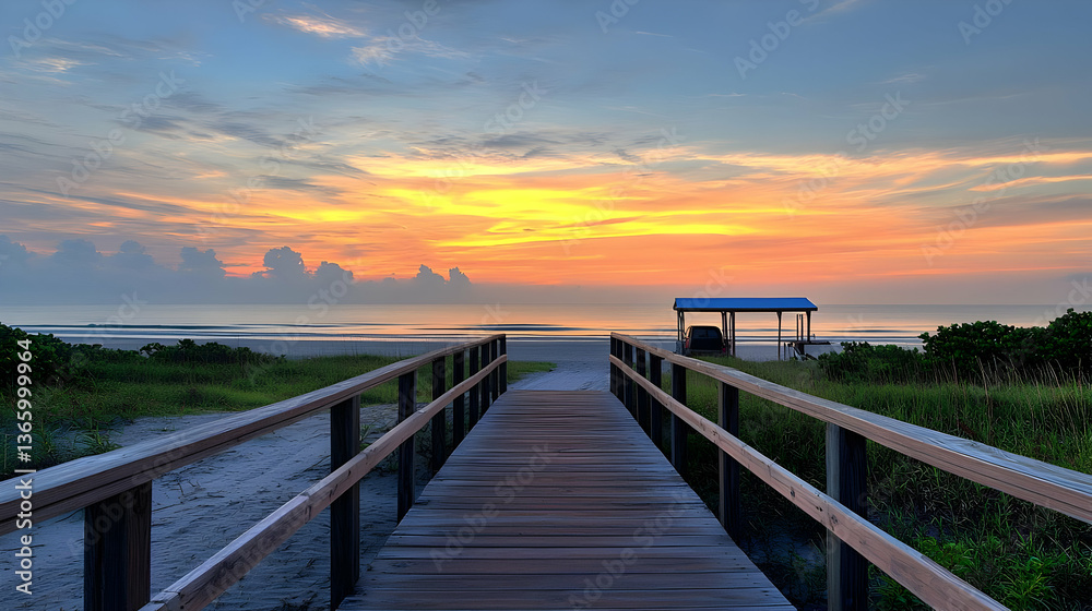 Fototapeta premium Wooden Boardwalk Leading To Beach Under Orange And Yellow Sunset Sky