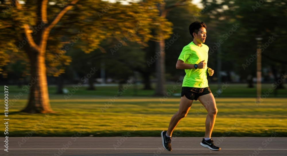 Fototapeta premium Focused asian man embracing morning run on a park pathway, motion blur