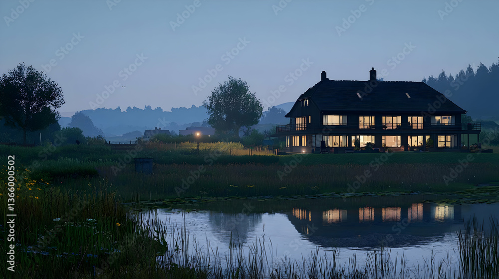Fototapeta premium Large House Lit Up At Night Beside A Calm Lake With Misty Background And Dark Sky