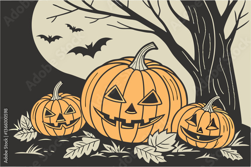 80 Halloween jack-o'-lanterns, carved pumpkins, glowing orange faces, spooky expressions, black background, realistic rendering, varied sizes and shapes, eerie lighting, shadows, detailed textures, au