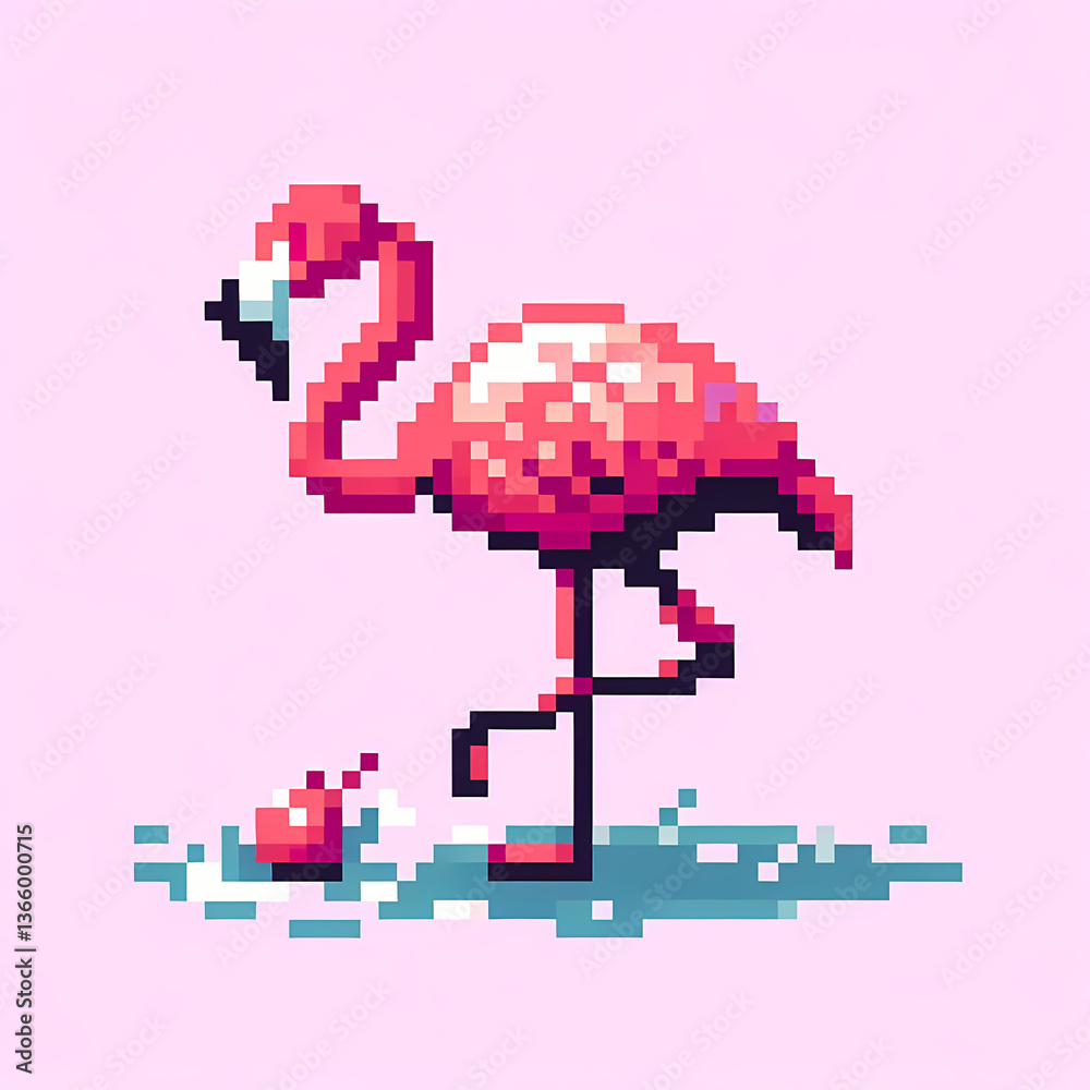 Fototapeta premium Pixel art flamingo standing on one leg.
