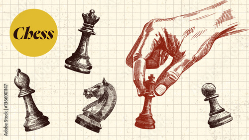 chess game decision making concept sketch set hand drawn illustration with pawn king queen knight pieces modern trendy poster template design on cell background
