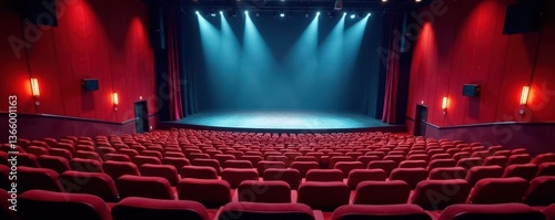 Sleek auditorium, rows of empty seats, stage visible, presentation, exhibition