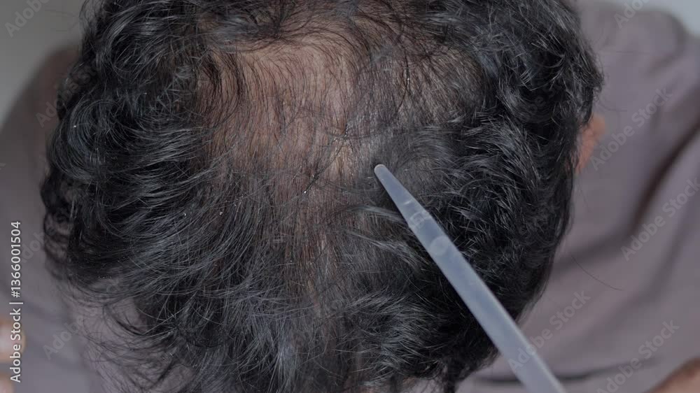 Man with a dropper applying hair serum on his bald scalp for hair loss treatment.