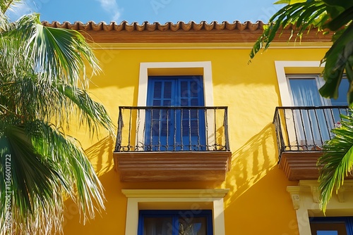 Yellow window with wooden shutters and palm tree on the yellow wall