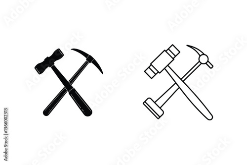 Hammer and Pickaxe Icons Solid and Outline Styles