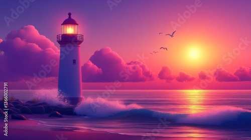 Wallpaper Mural Coastal Beacon: Lighthouse at Dusk, Waves Crashing Under a Vivid Sunset, Illuminated by Tower's Beam Torontodigital.ca