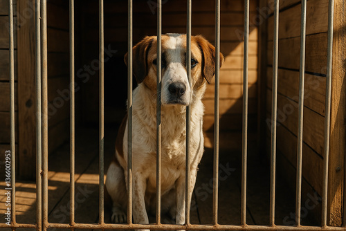 Dog waiting in cage behind bars, sad shelter dog looking for adoption, homeless animal behind metal bars in animal shelter, rescue pet adoption concept..