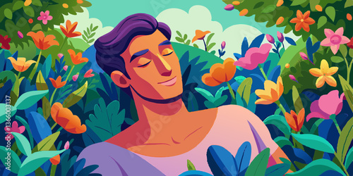 Young man enjoying nature among colorful flowers  