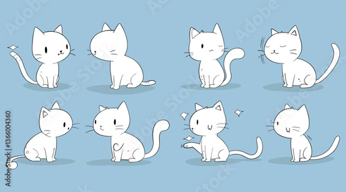 Cute White Cat Poses - Hand-drawn Cat Expressions and Stances