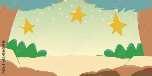 Whimsical forest background with stars and pastel colors  