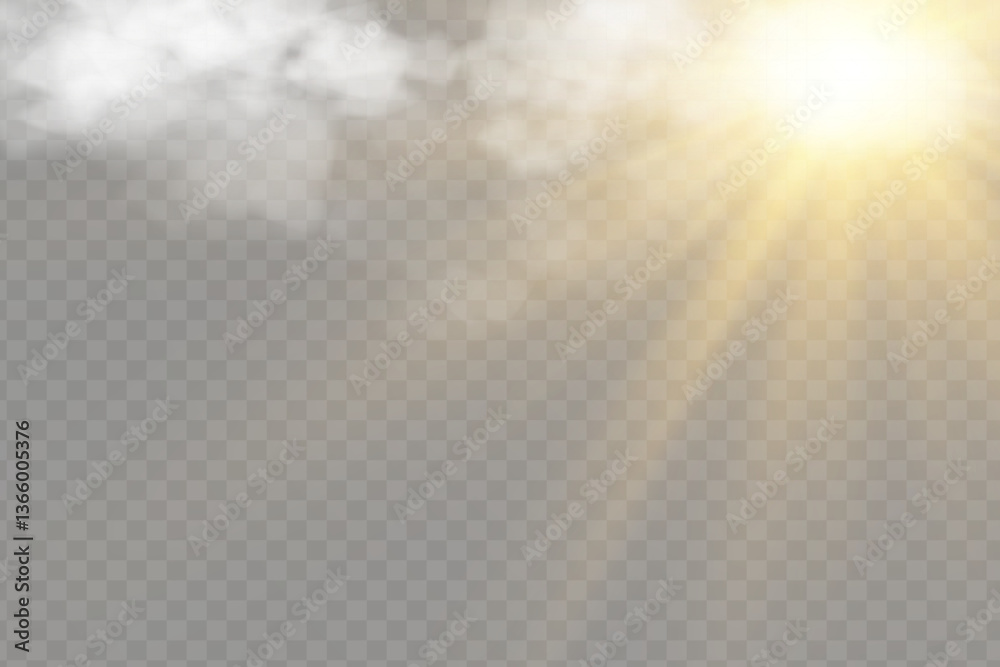 Vector realistic cloud with sun on isolated transparent background. Sun rays break through cloud png.