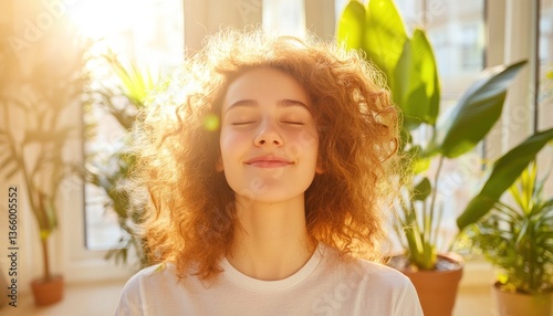 Woman meditates indoors with sunlight and plants